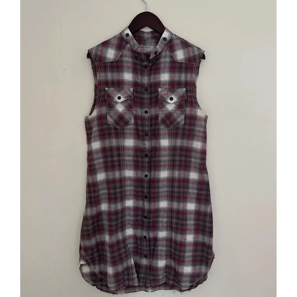 ALLSAINTS Women’s Raw Hem Braxton Plaid Shirt Dress Gilet, Punk Grunge Sleeze - Picture 1 of 14